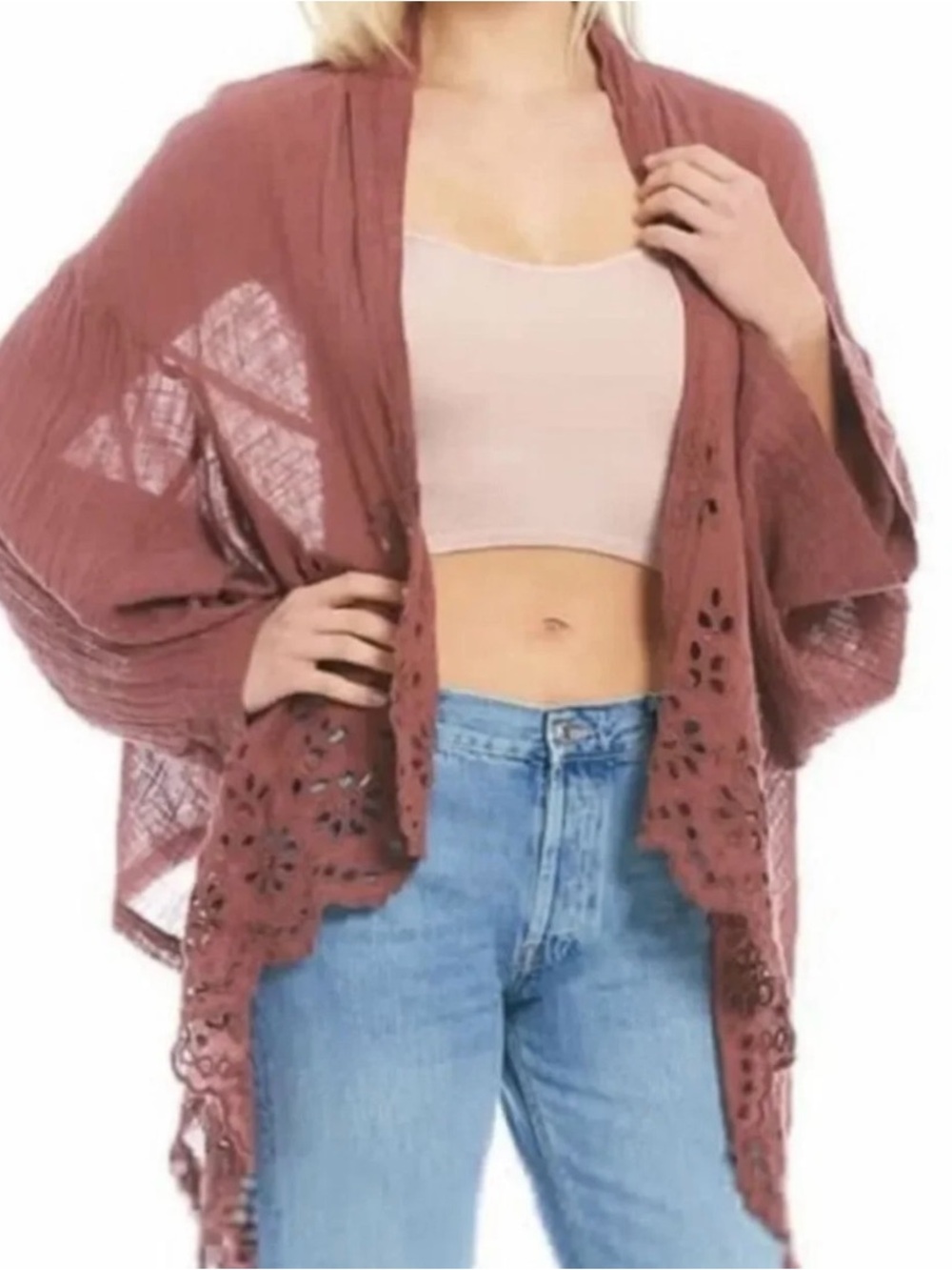 Free People Boho Kimono Cardigan Drapey Cottagecore crochet - Rose Brown- XS/S